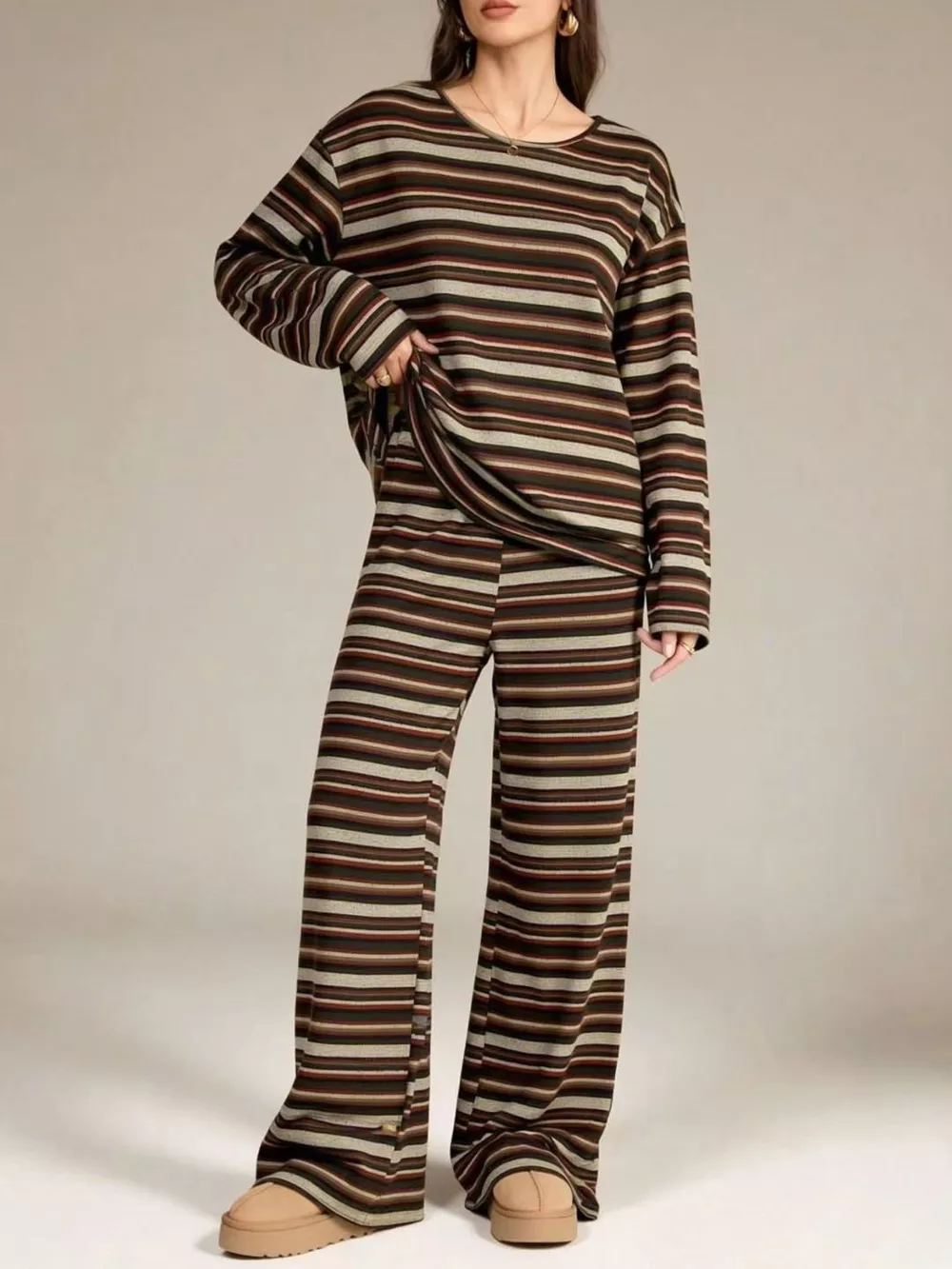 Striped Long-Sleeve Top and Wide-Leg Pants Set, image 3