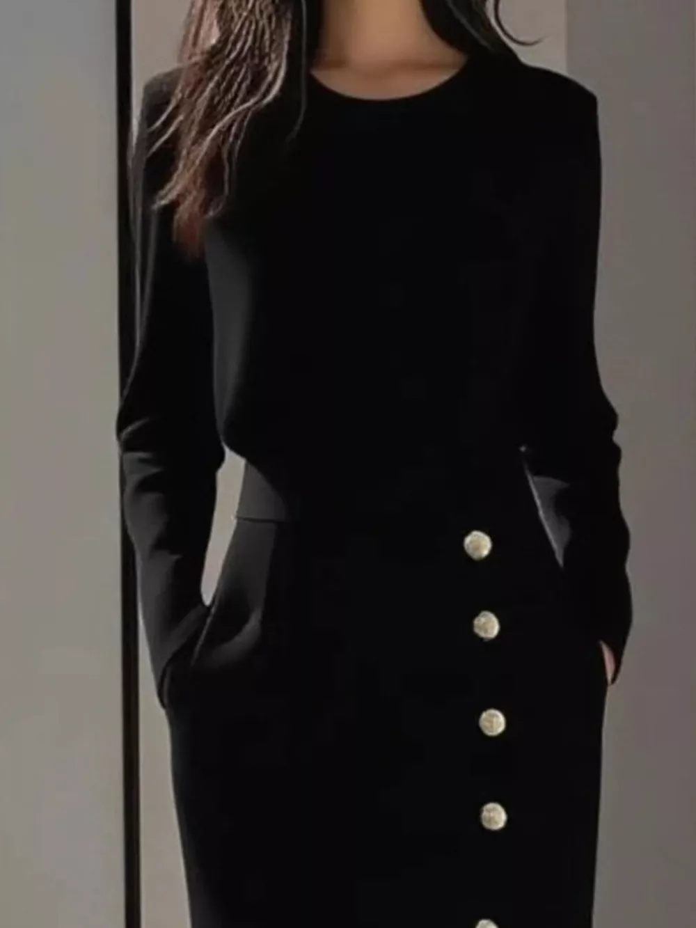 Long Sleeve Button Detail Midi Dress with Side Slit, image 3