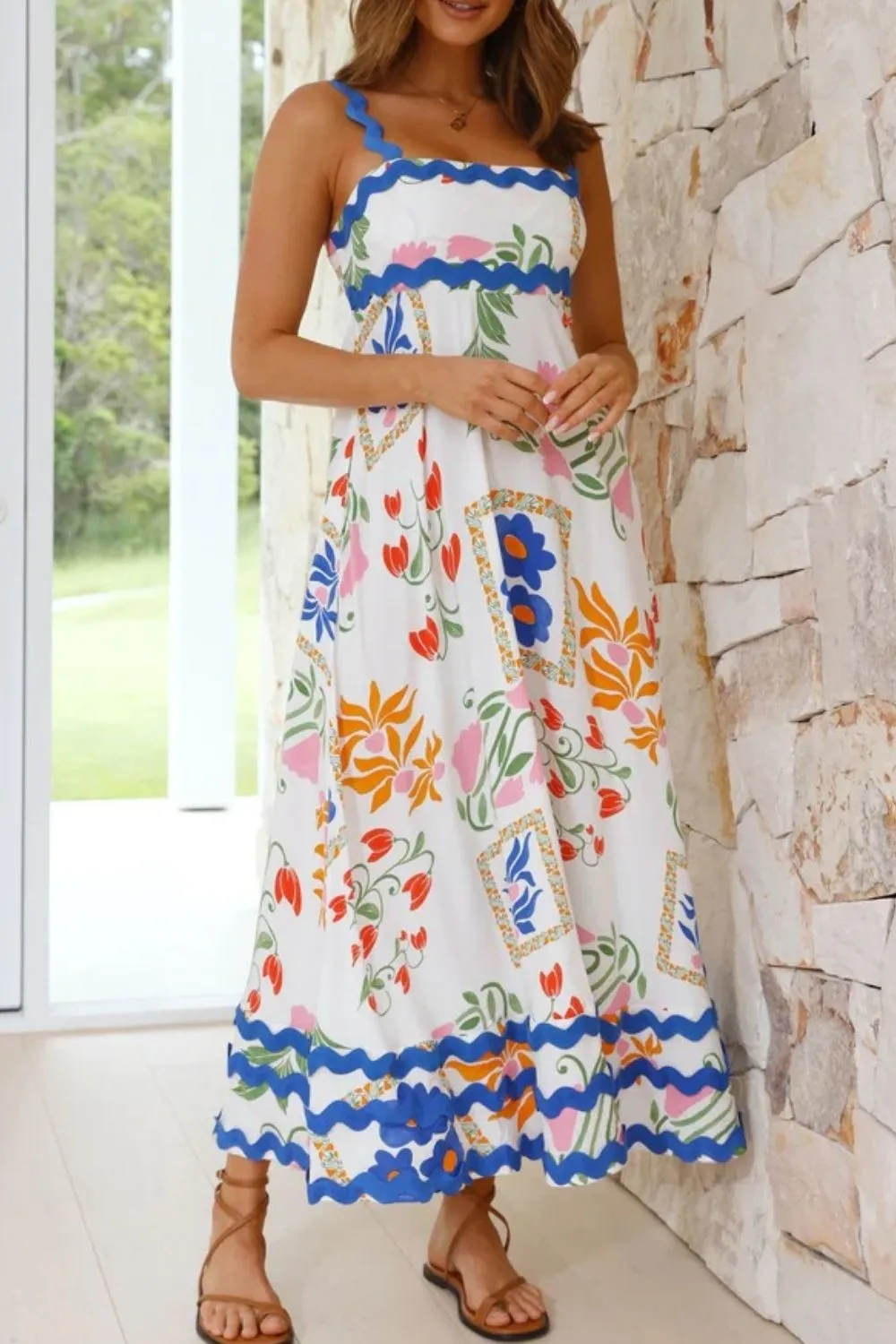 Printed Square Neck Wide Strap Midi Dress, image 2