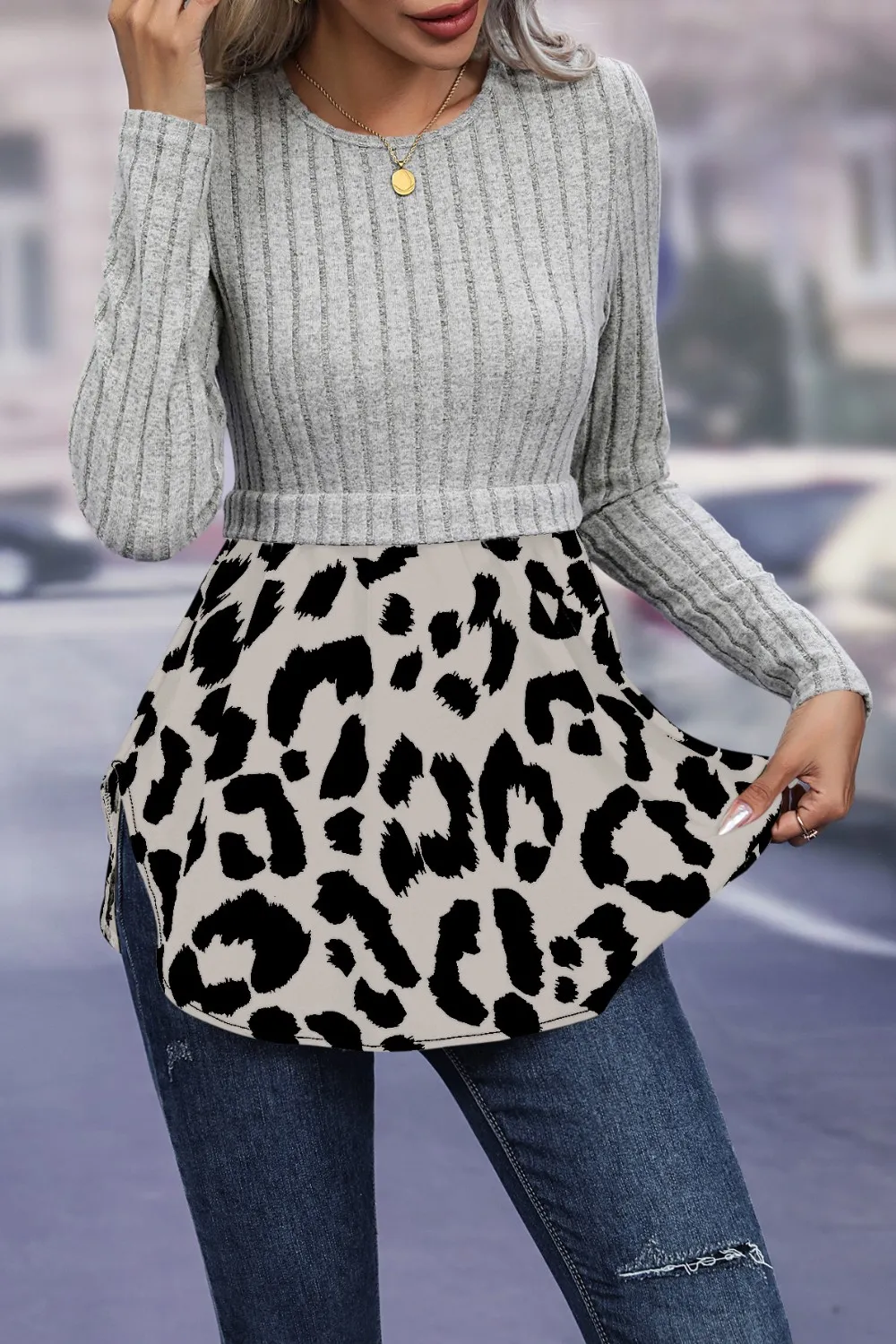 Leopard Peplum Round Neck Blouse, image 8