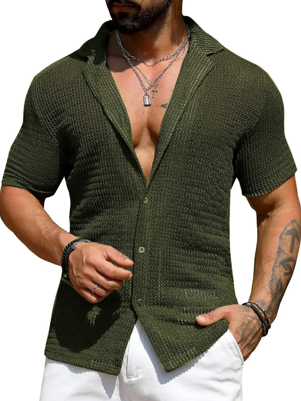 Men's Full Size Openwork Button Down Short Sleeve Shirt Plus Size, image 8