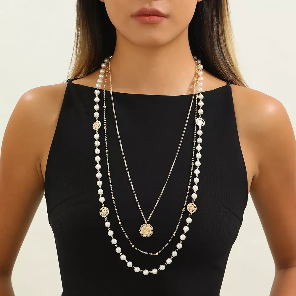Multi-Layered Pearl and Coin Pendant Necklace, image 4