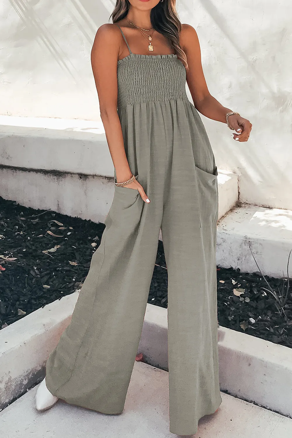 Smocked Spaghetti Strap Wide Leg Jumpsuit, image 10