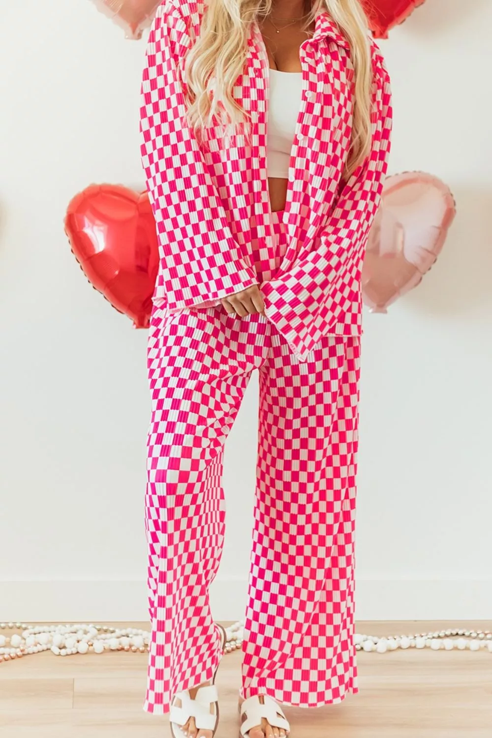 Checkerboard Print Long Sleeve Top and Pants Set, image 2