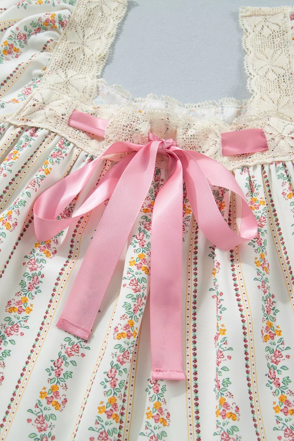 Multicolour Floral Print Contrast Ribbon Bow Lace Trim Square Neck Mini Dress, image 8