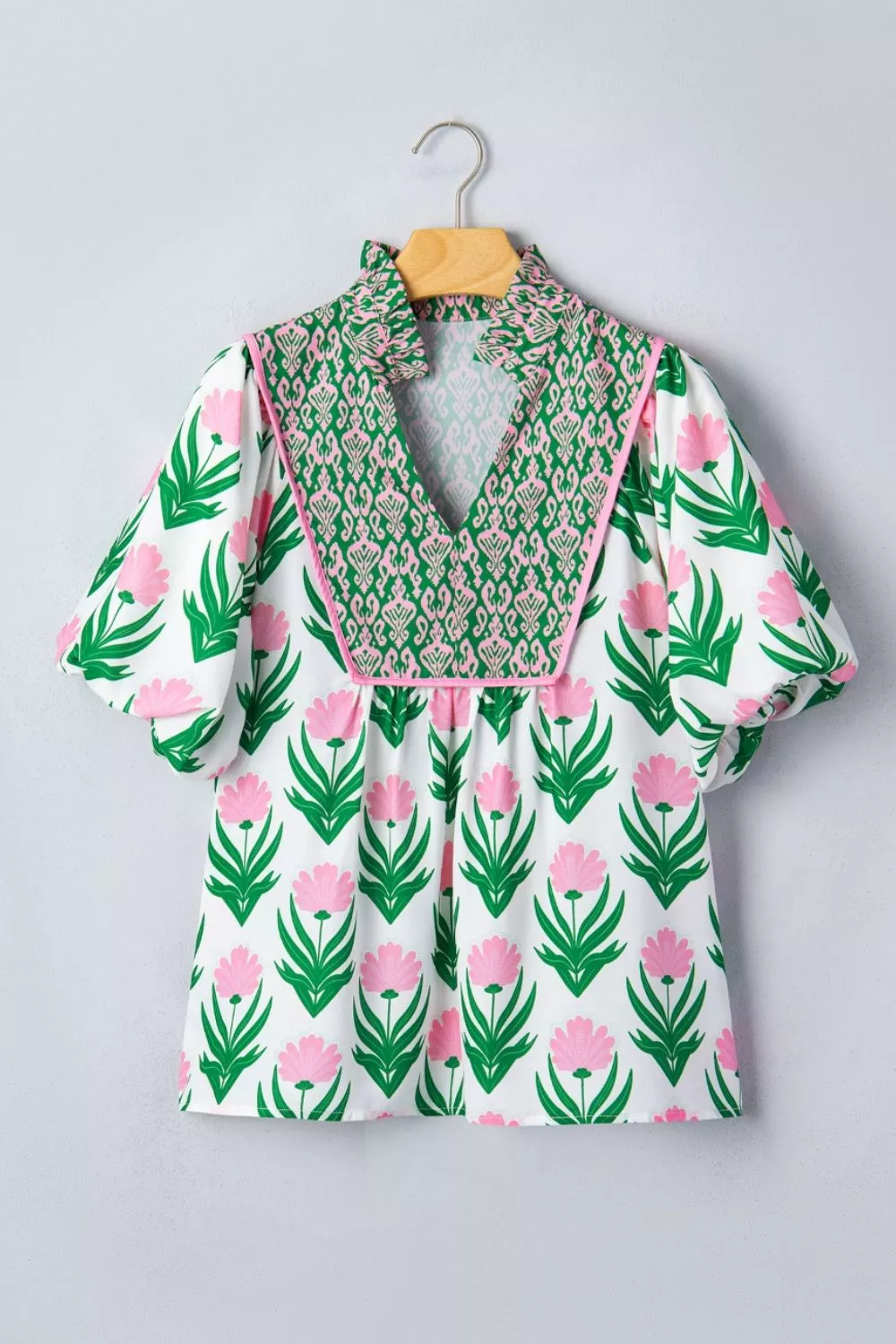 Multicolour Floral Print Puff Sleeve Contrast Bordered V Neck Blouse, image 4