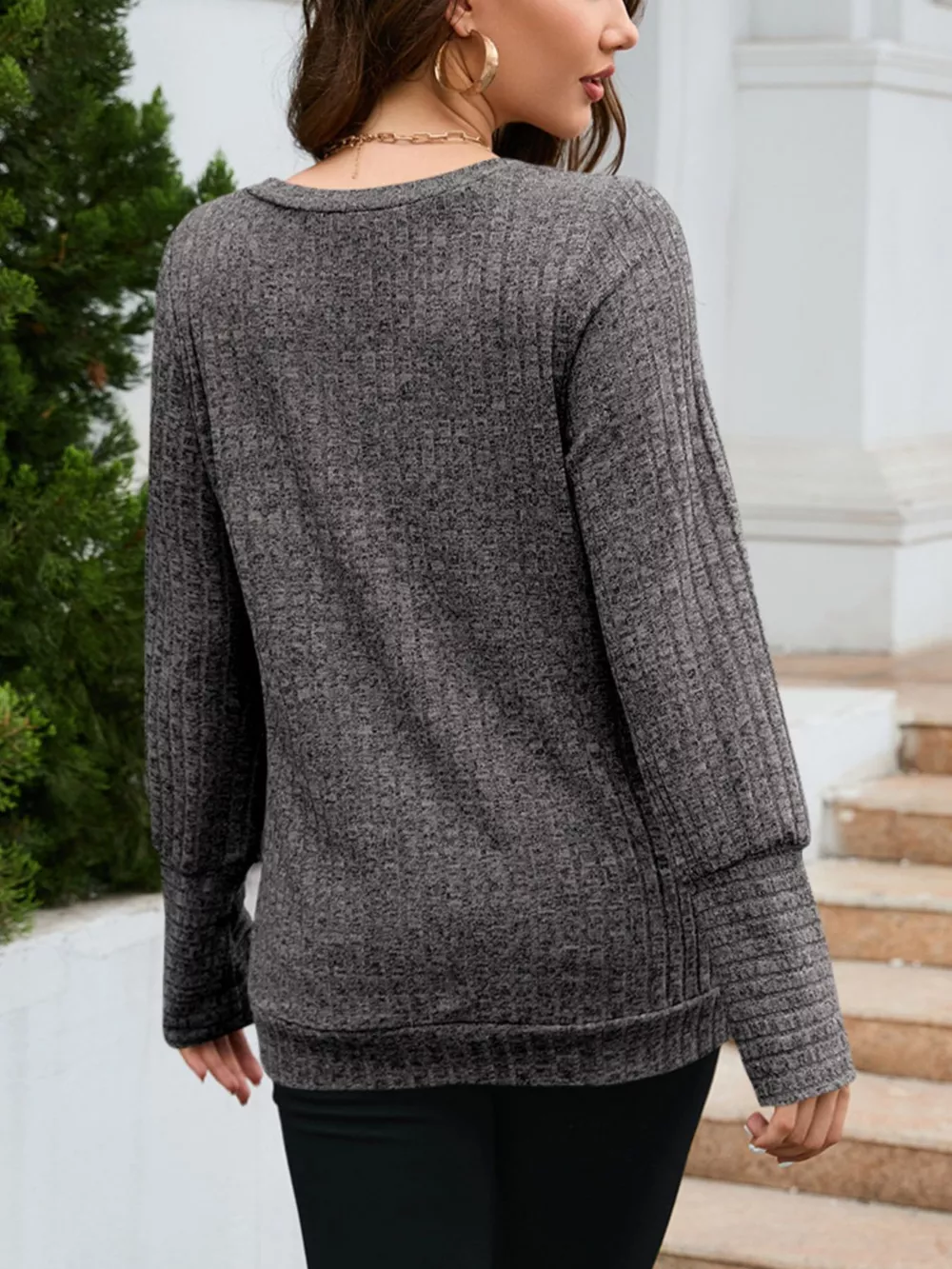V-Neck Textured Knit Long Sleeve T-Shirt, image 28