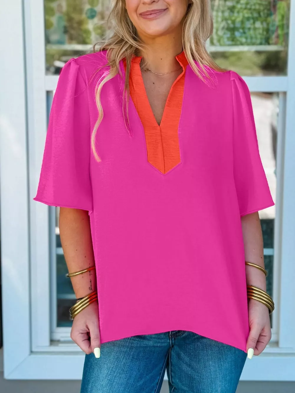 Notched Half Sleeve Blouse, image 9
