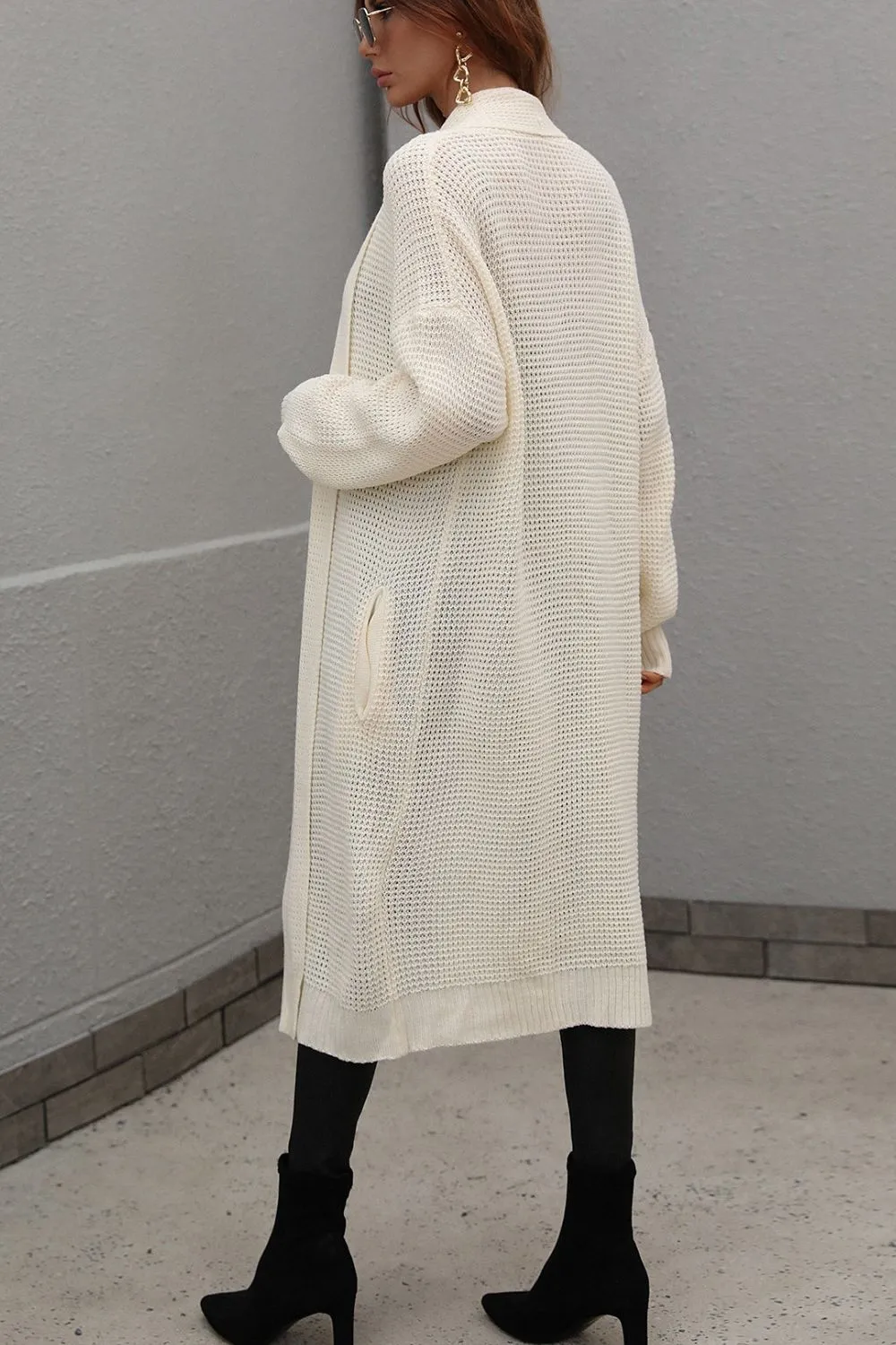 Waffle Knit Open Front Duster Cardigan With Pockets, image 3