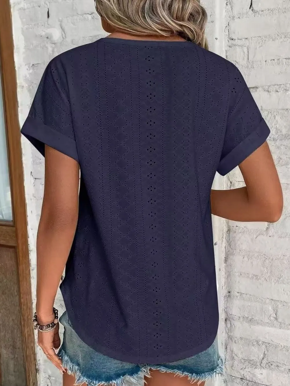 Eyelet Round Neck Short Sleeve Top, image 28