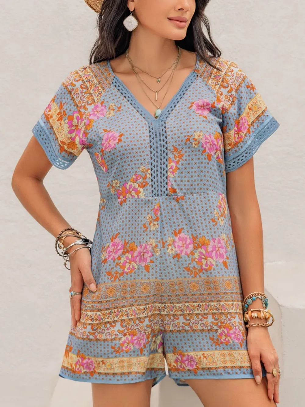 Printed V-Neck Short Sleeve Romper, image 2