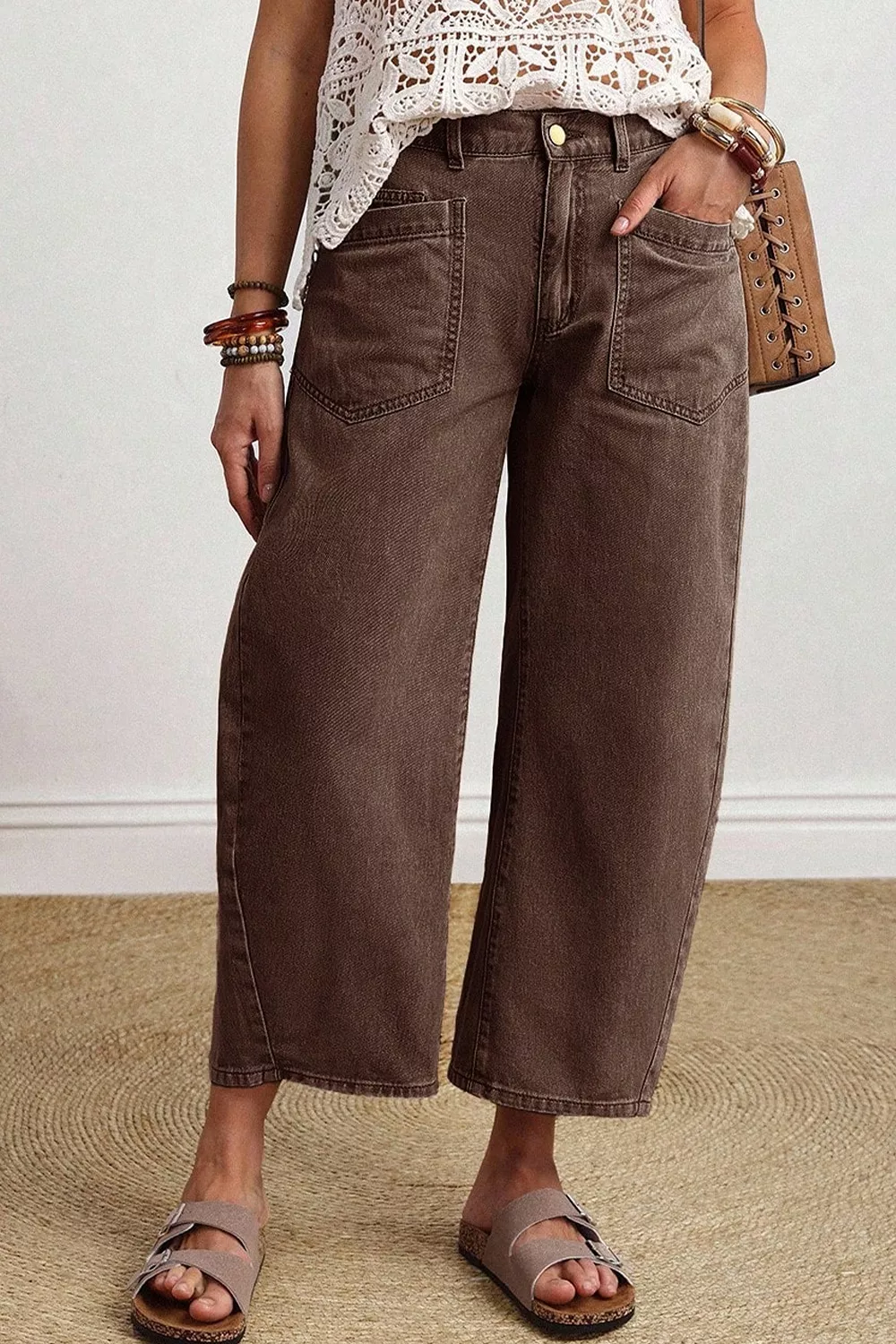 Solid Color Square Patch Pocket Ankle-length Barrel Jeans, image 9