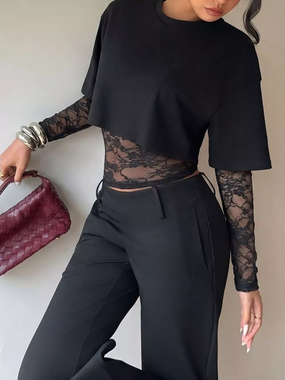 Lace Patchwork Short Sleeve T-Shirt, image 3