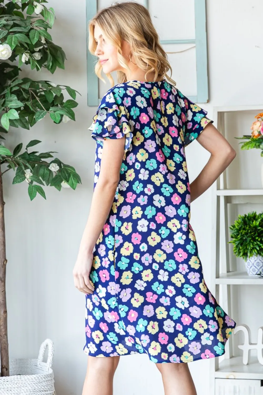 Full Size Floral Ruffled Short Sleeve Dress with Pockets, image 5