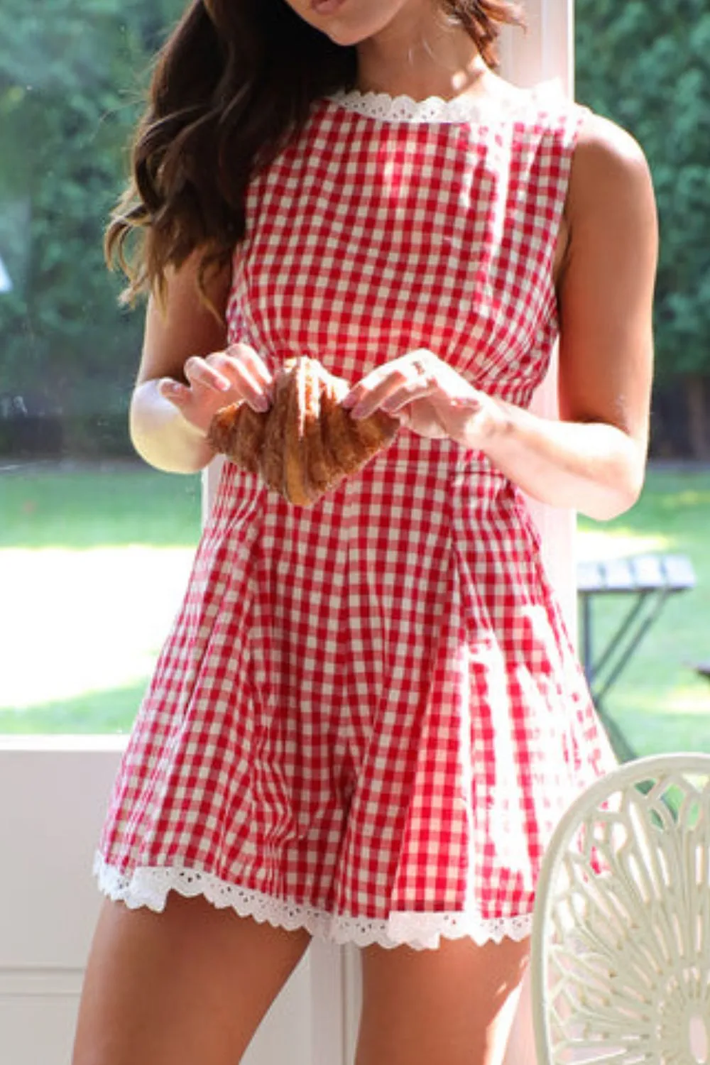 Lace Detail Plaid Sleeveless Romper, image 8