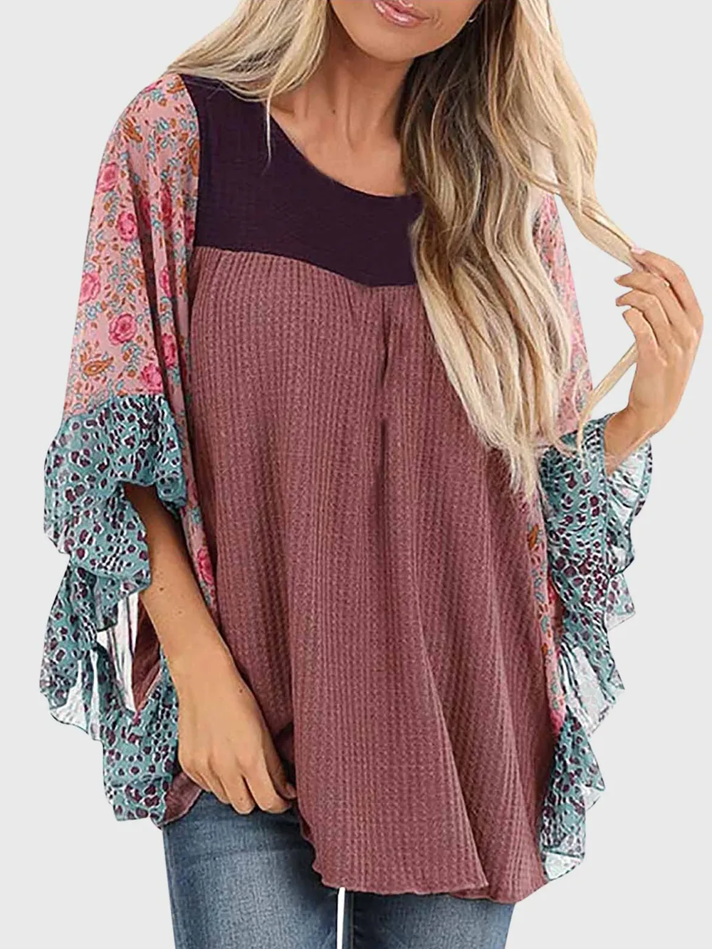 Full Size Printed Round Neck Three-Quarter Sleeve Blouse, image 5