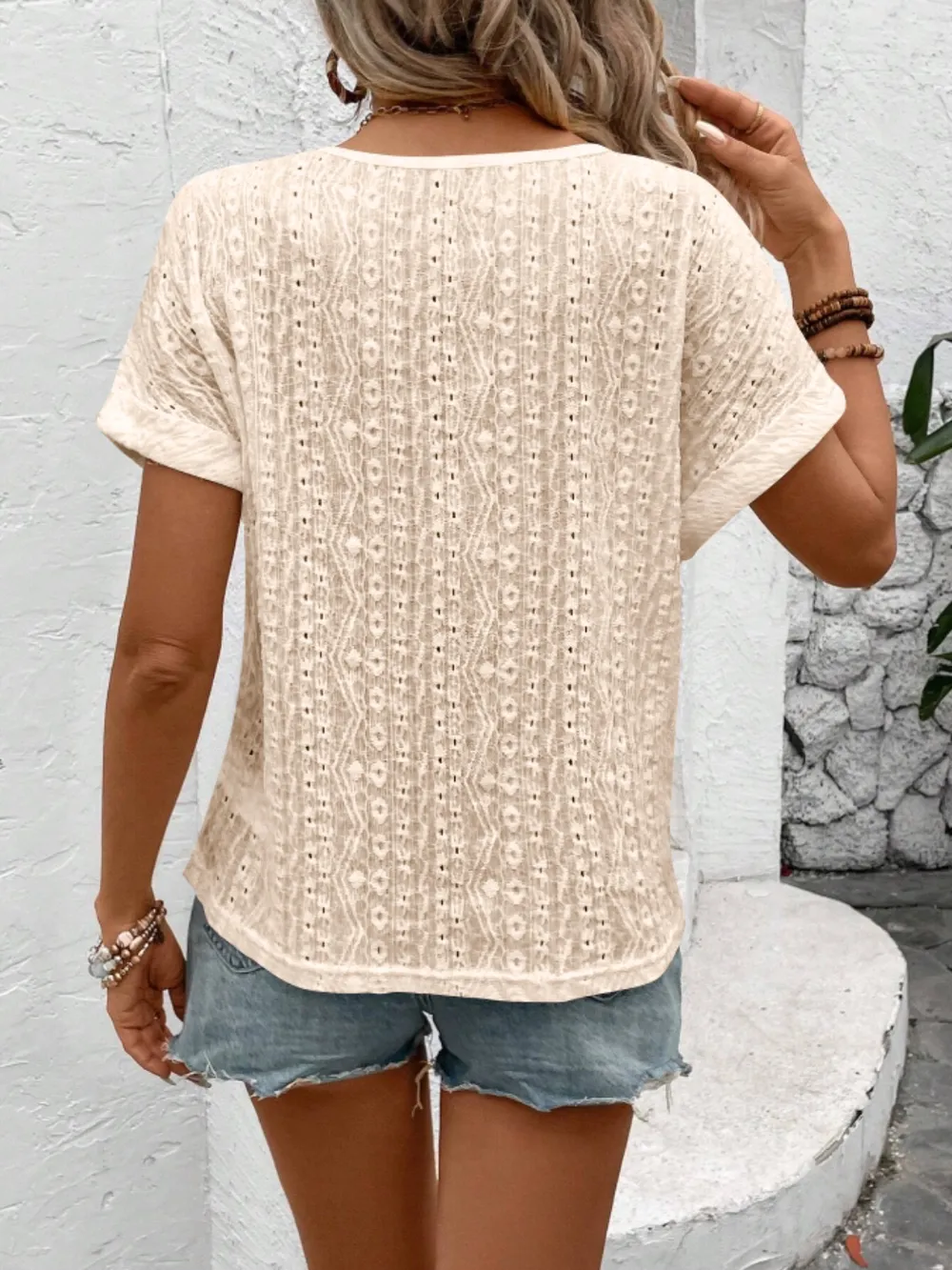 Eyelet Round Neck Short Sleeve Top, image 5