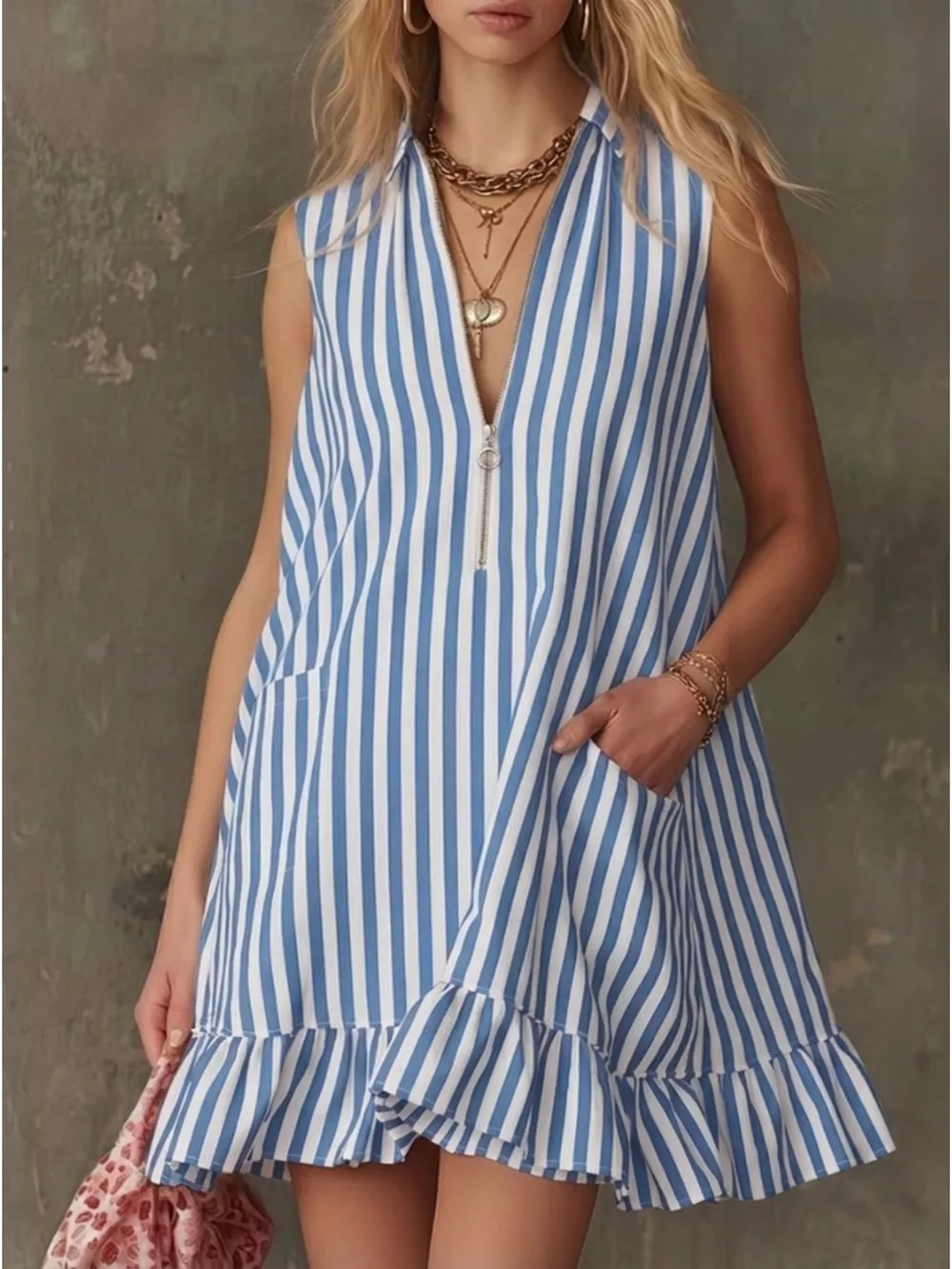 Striped Zipper Neck Ruffle Hem Dress, image 8