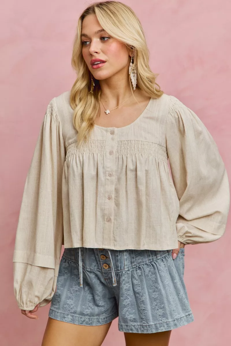 Linen Blend Woven Long Sleeve With Smocking Top, image 8