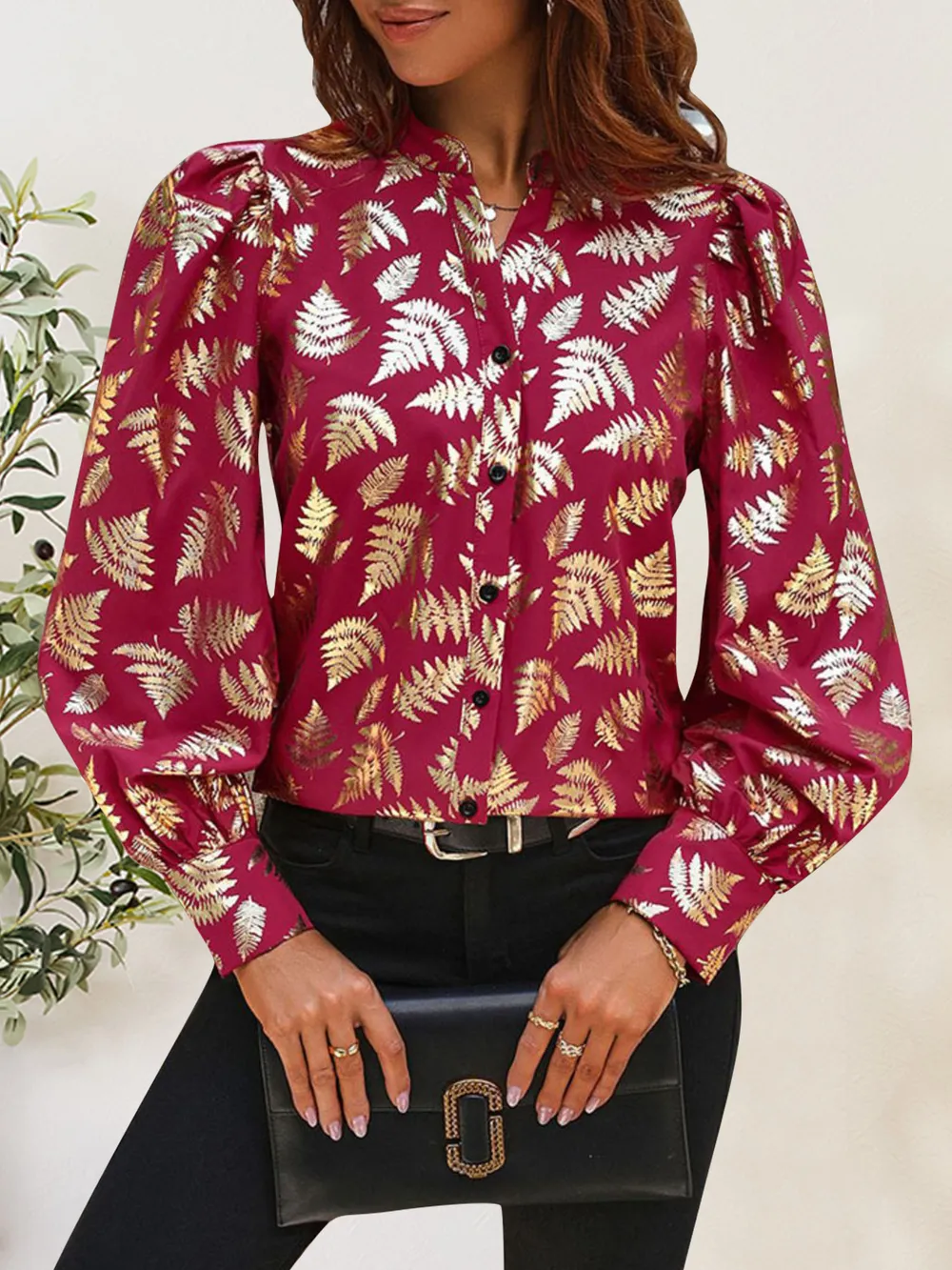 Printed Notched Long Sleeve Shirt, image 2