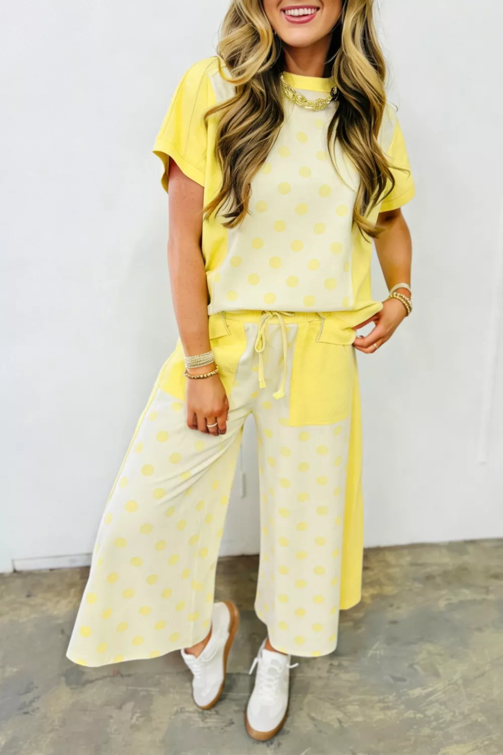 Color Block Patchwork Polka Dot Top and Wide Leg Pant Set, image 2