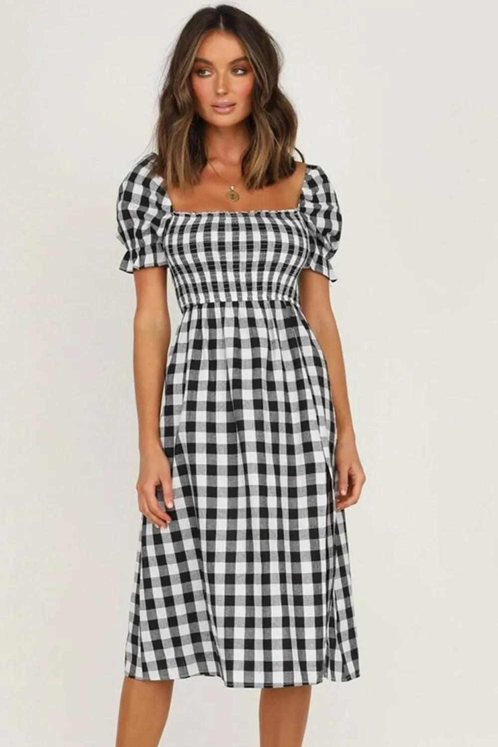 Full Size Slit Plaid Short Sleeve Midi Dress, image 6
