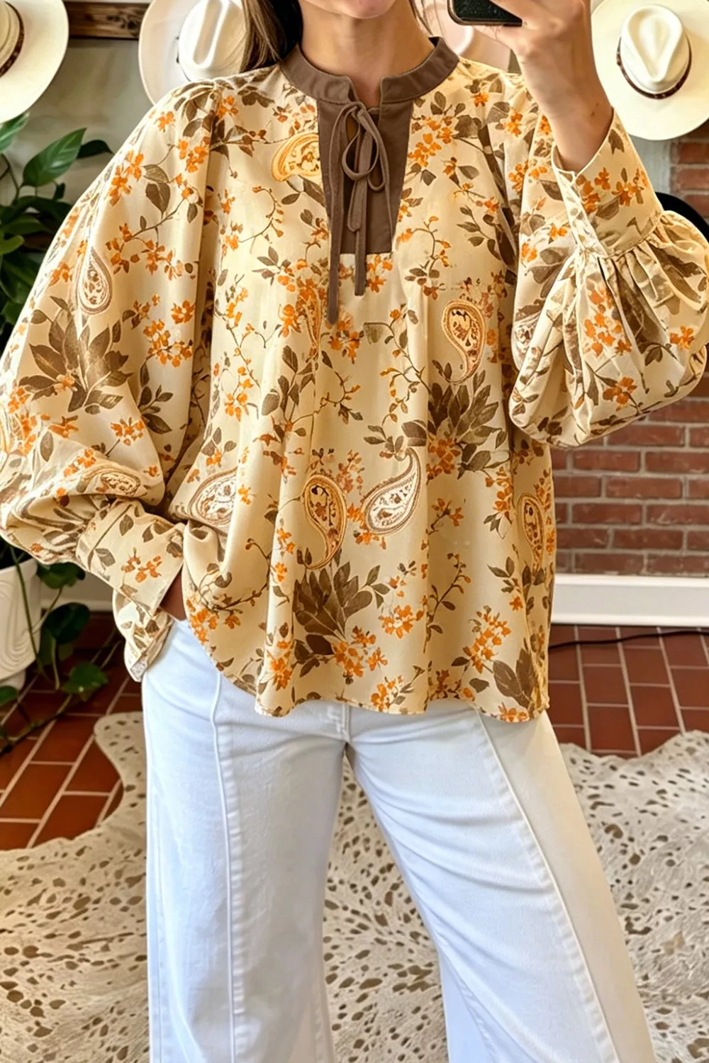 Paisley Print Tie Neck Long Sleeve Shift Top, image 3