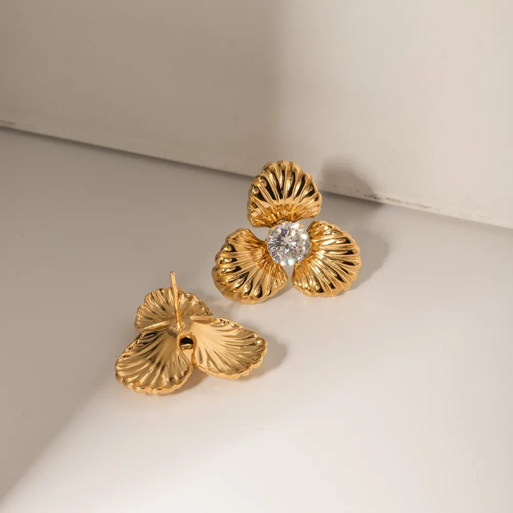 Stainless Steel Zircon Flower Shape Earrings, image 3