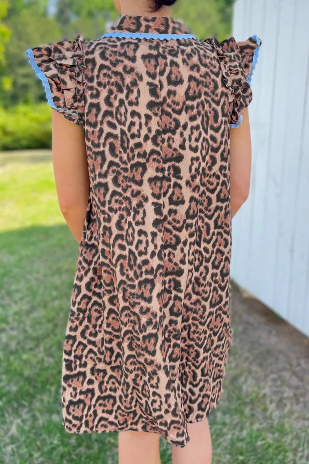 Leopard Print Lace Trim Shirt Collar Button Down Loose Mini Dress, image 3