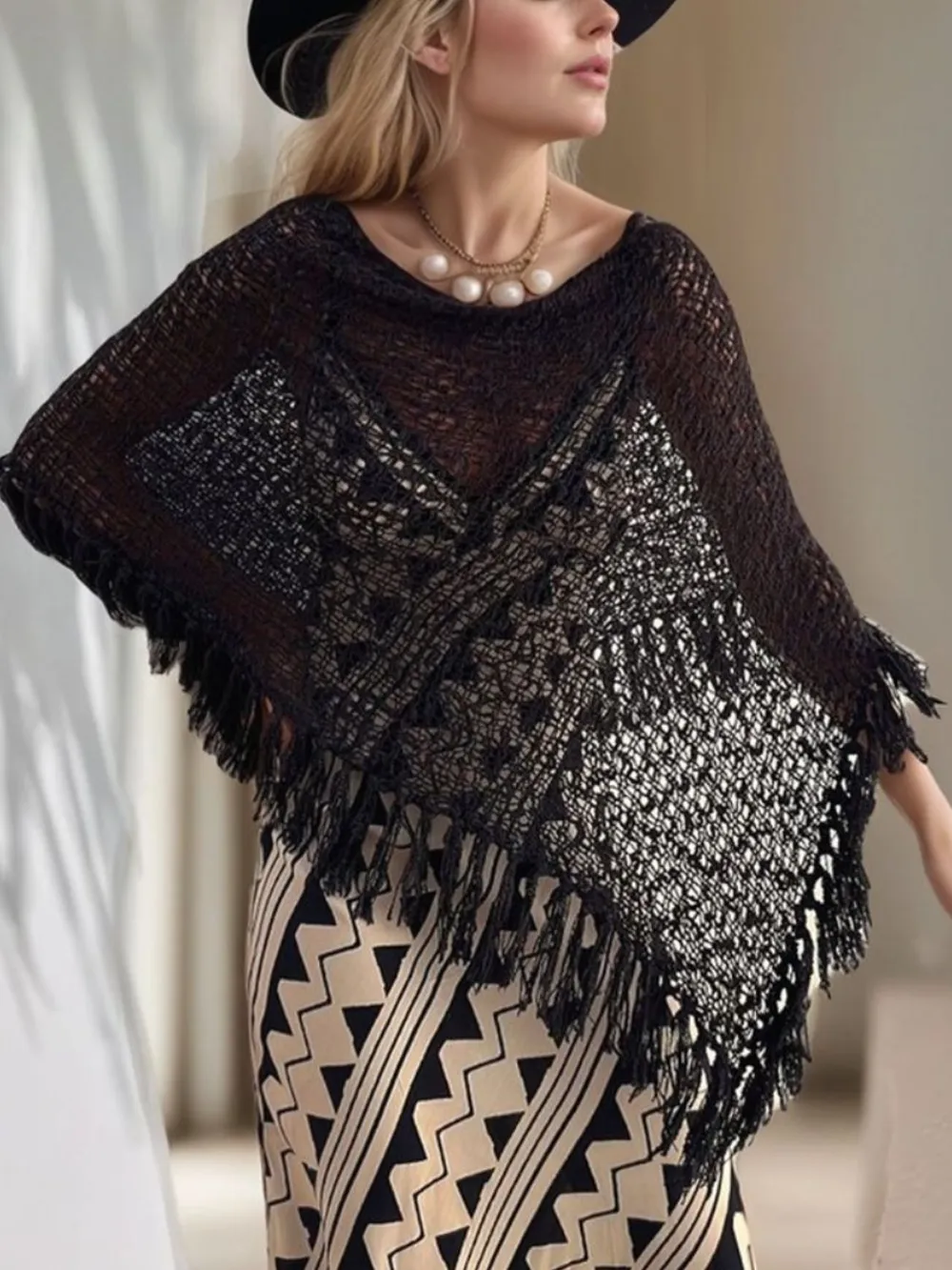 Tassel Boat Neck Knit Shawl, image 5