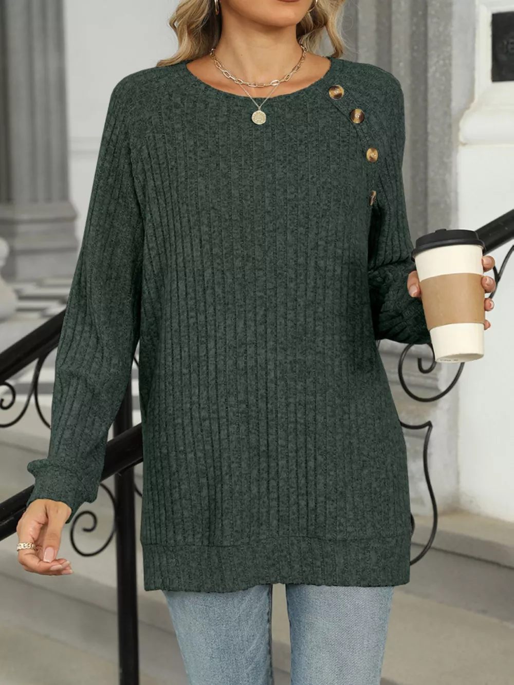 Round Neck Side Slit Ribbed Knit Top with Asymmetric Button Detail, image 9