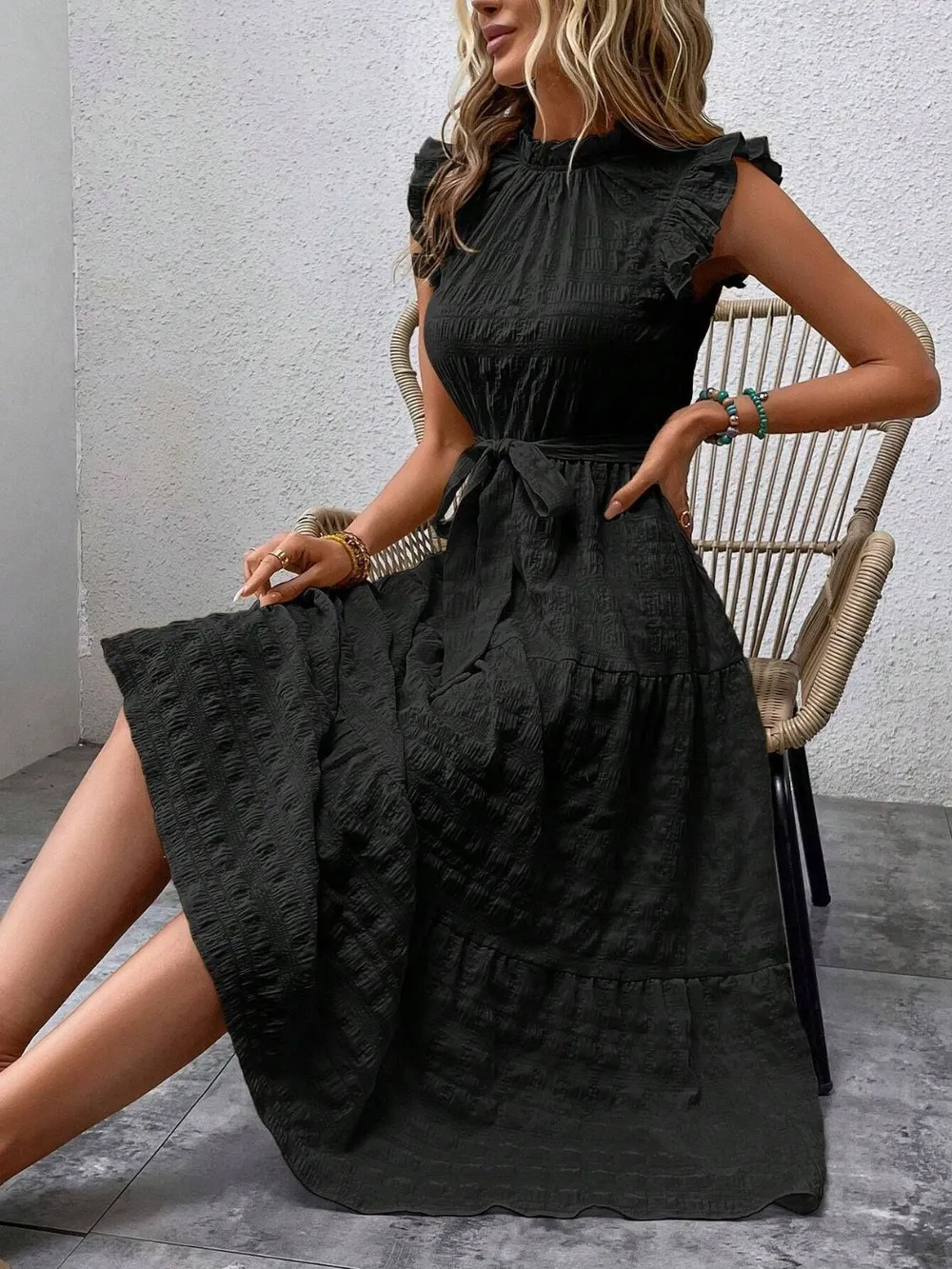 Tied Ruffled Cap Sleeve Midi Dress, image 4
