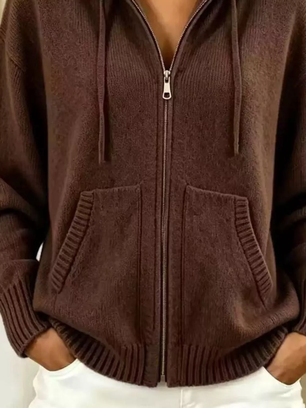 Zip-Up Hooded Knit Cardigan, image 11