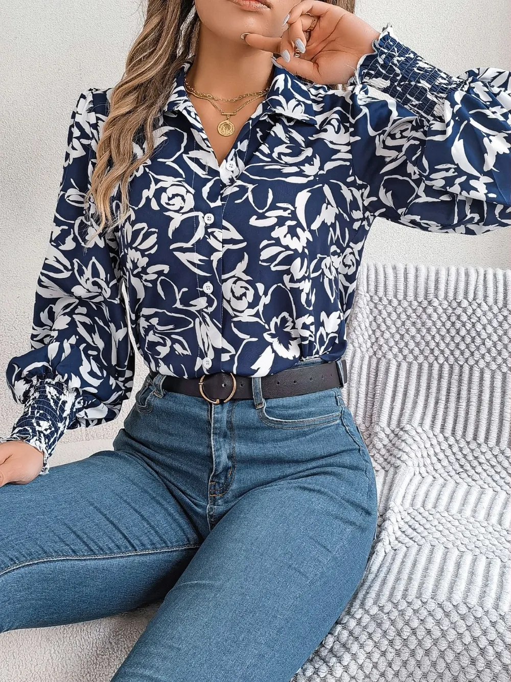 Printed Collared Neck Lantern Sleeve Shirt, image 15