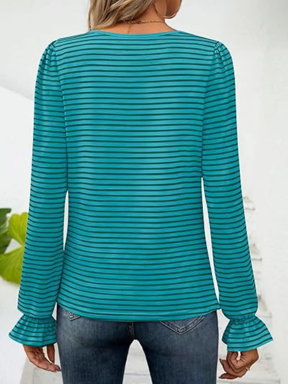 Striped Square Neck Flounce Sleeve Top, image 5