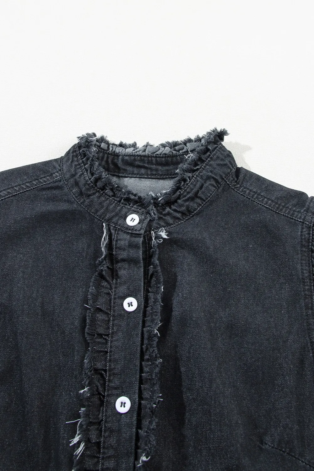 Button Down Raw Hem Ruffled Denim Shirt, image 3