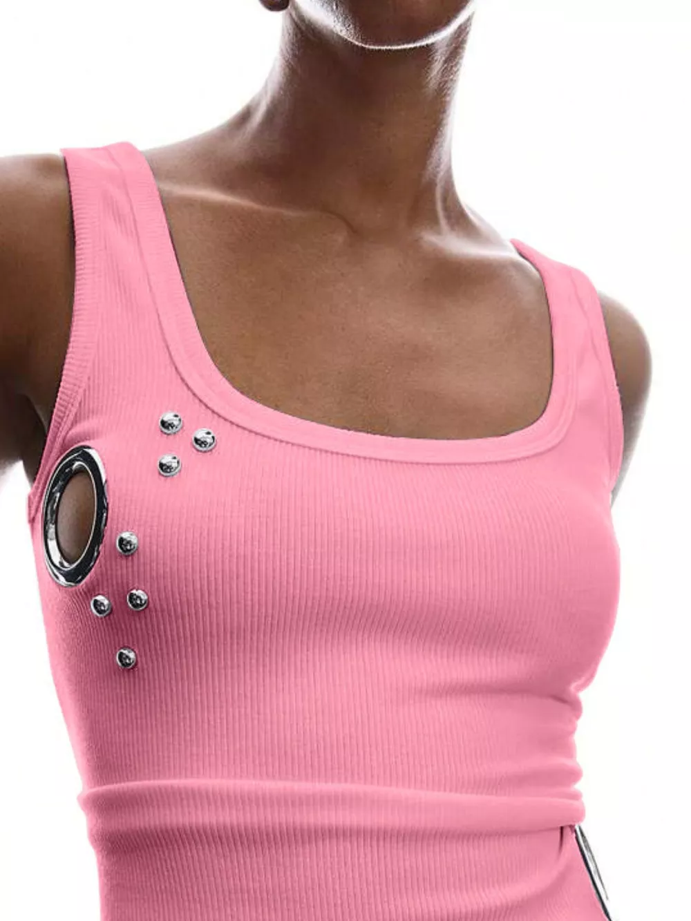 Ribbed Tank Top with Metal Grommet Cutouts and Stud Embellishments, image 17