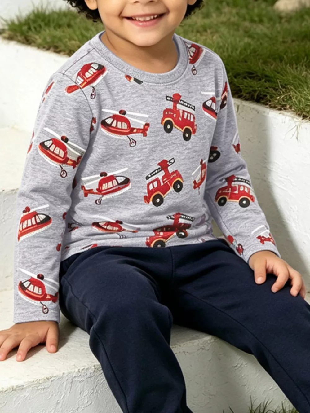 Children's Fire Truck Helicopter Print Long Sleeve Crew Neck T-Shirt, image 2