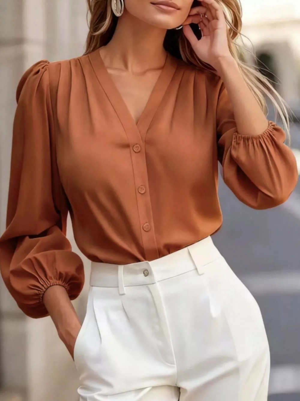Elegant V-Neck Puff Sleeve Button-Down Shirt, image 2