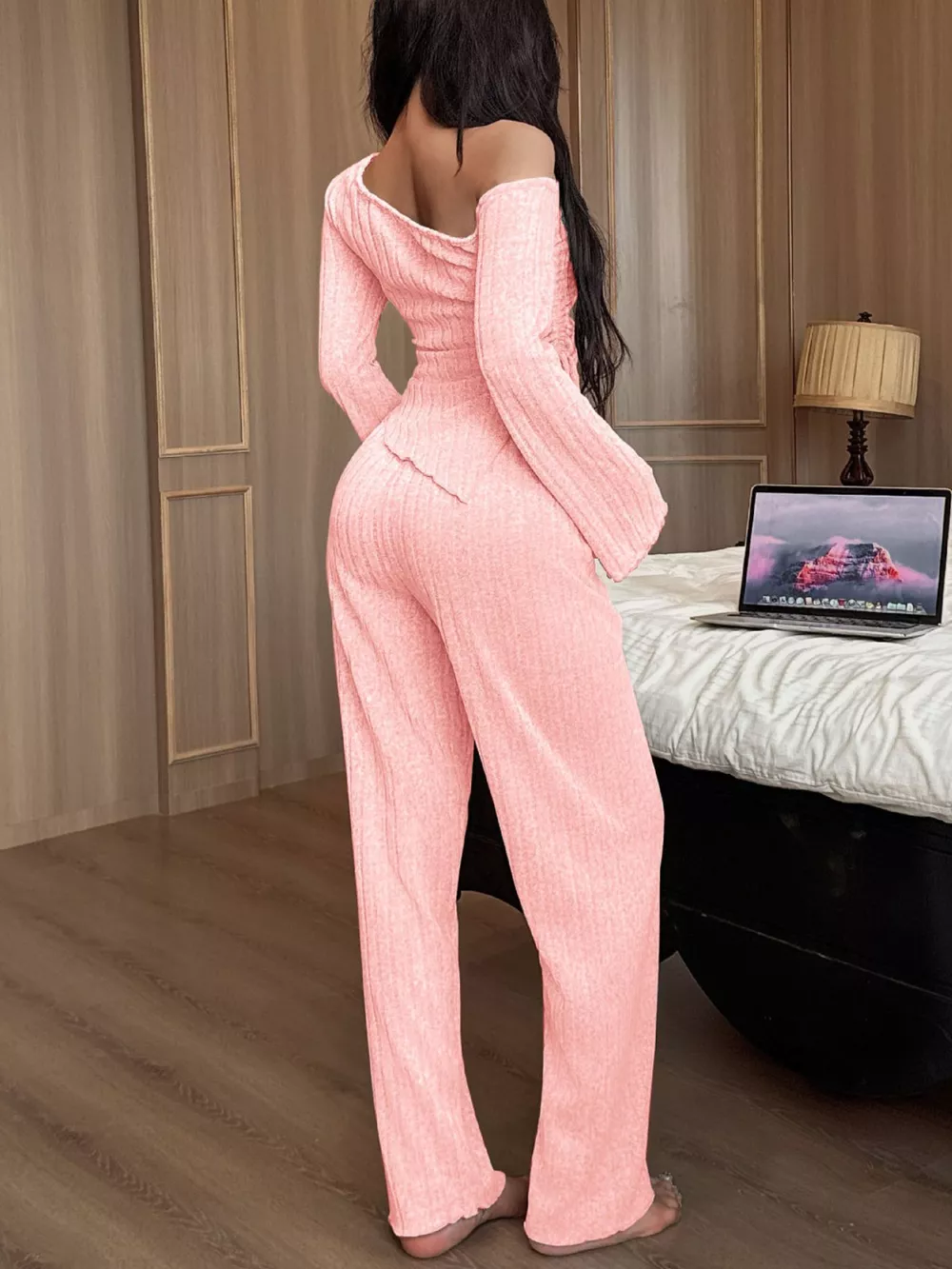 One-Shoulder Ribbed Knit Top and Pants Set, image 19