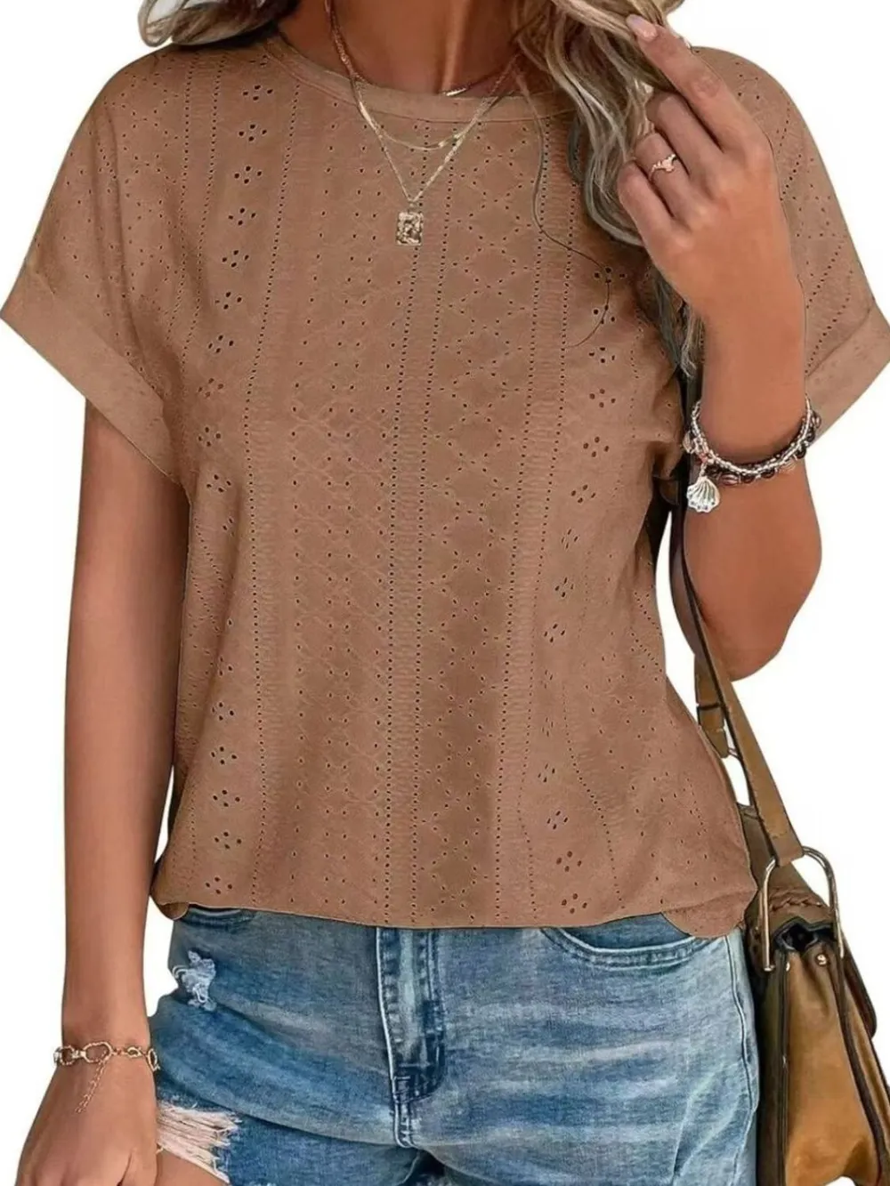 Eyelet Round Neck Short Sleeve Top, image 7