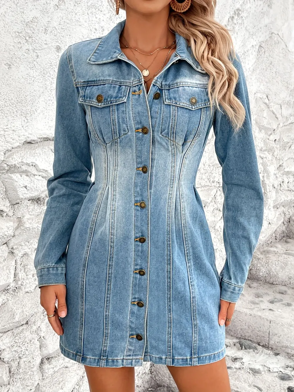 Pocketed Button Up Long Sleeve Denim Dress, image 3
