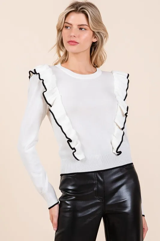 Contrast Trim Ruffled Round Neck Knit Top, image 2