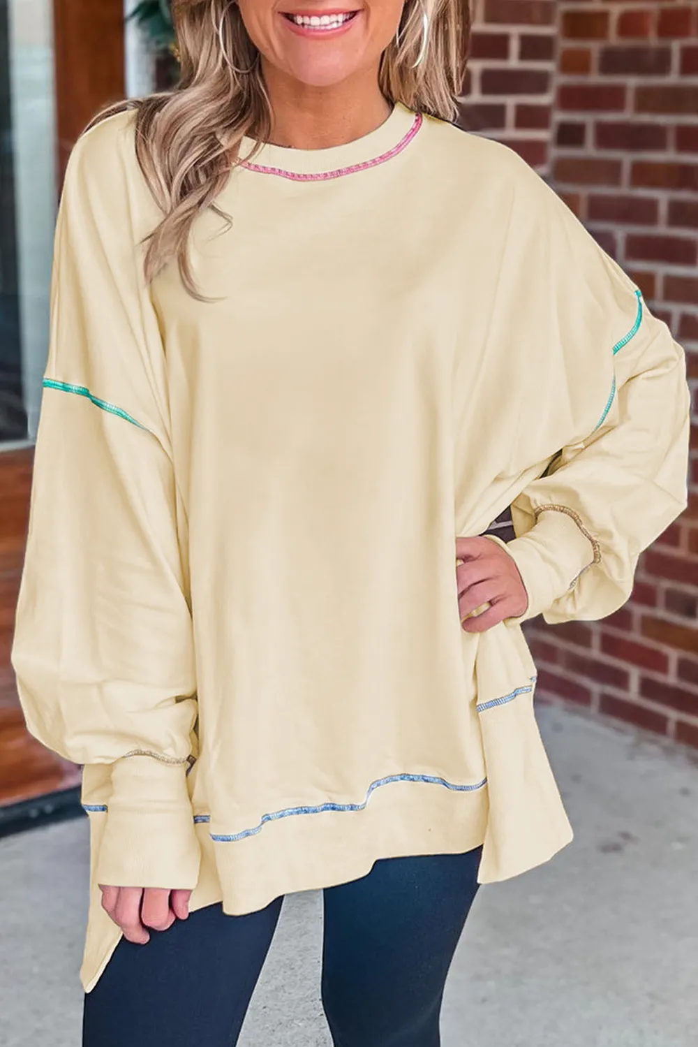 Slit Round Neck Lantern Sleeve Sweatshirt, image 8