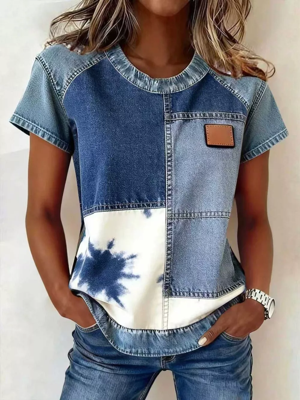 Denim Patchwork Short Sleeve Blouse, image 11