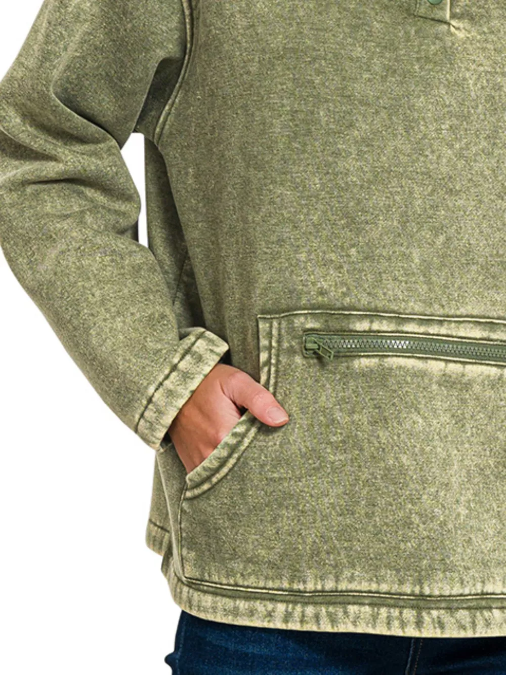 Fleece Washed High Neck Kangaroo Pocket Sweatshirt, image 3