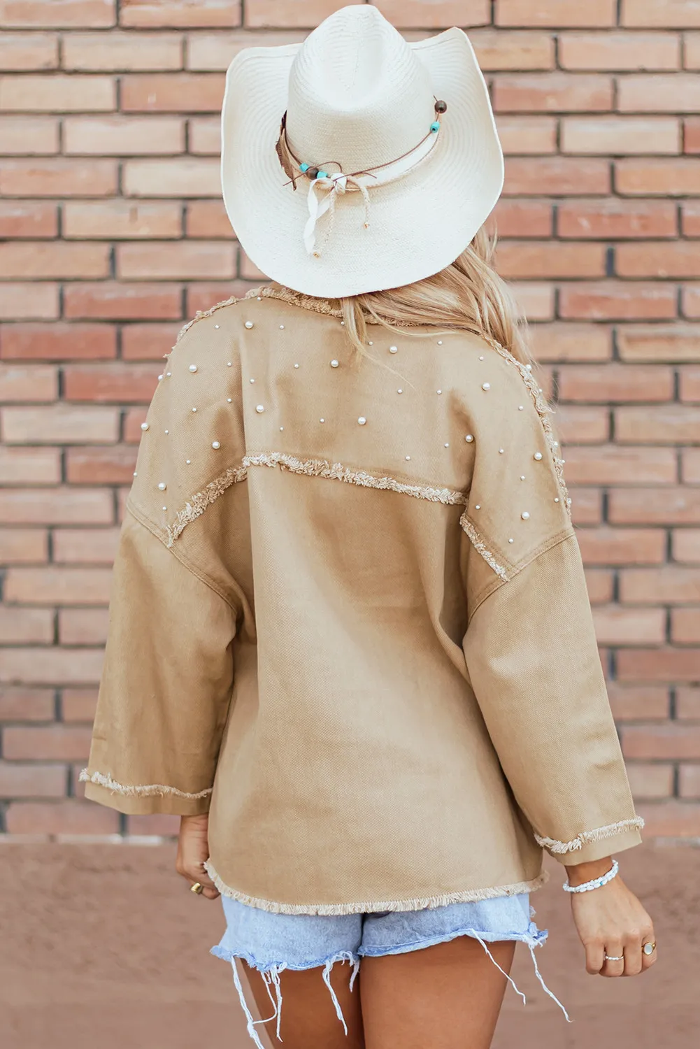 Raw Hem Pearl Trim Dropped Shoulder Denim Jacket, image 2