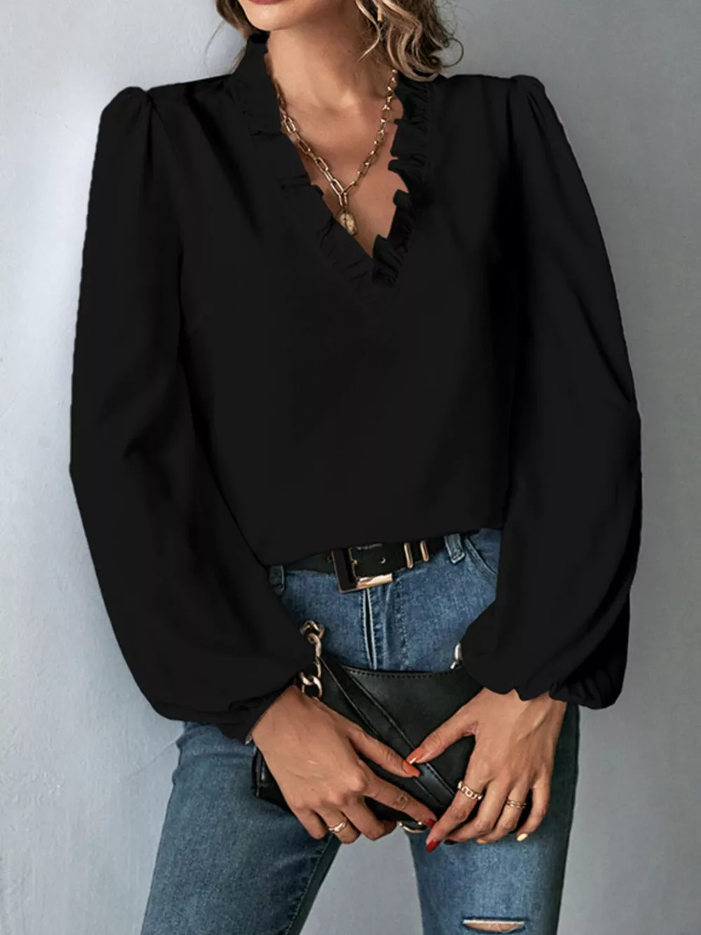 Ruffled Trim V-Neck Blouse, image 2