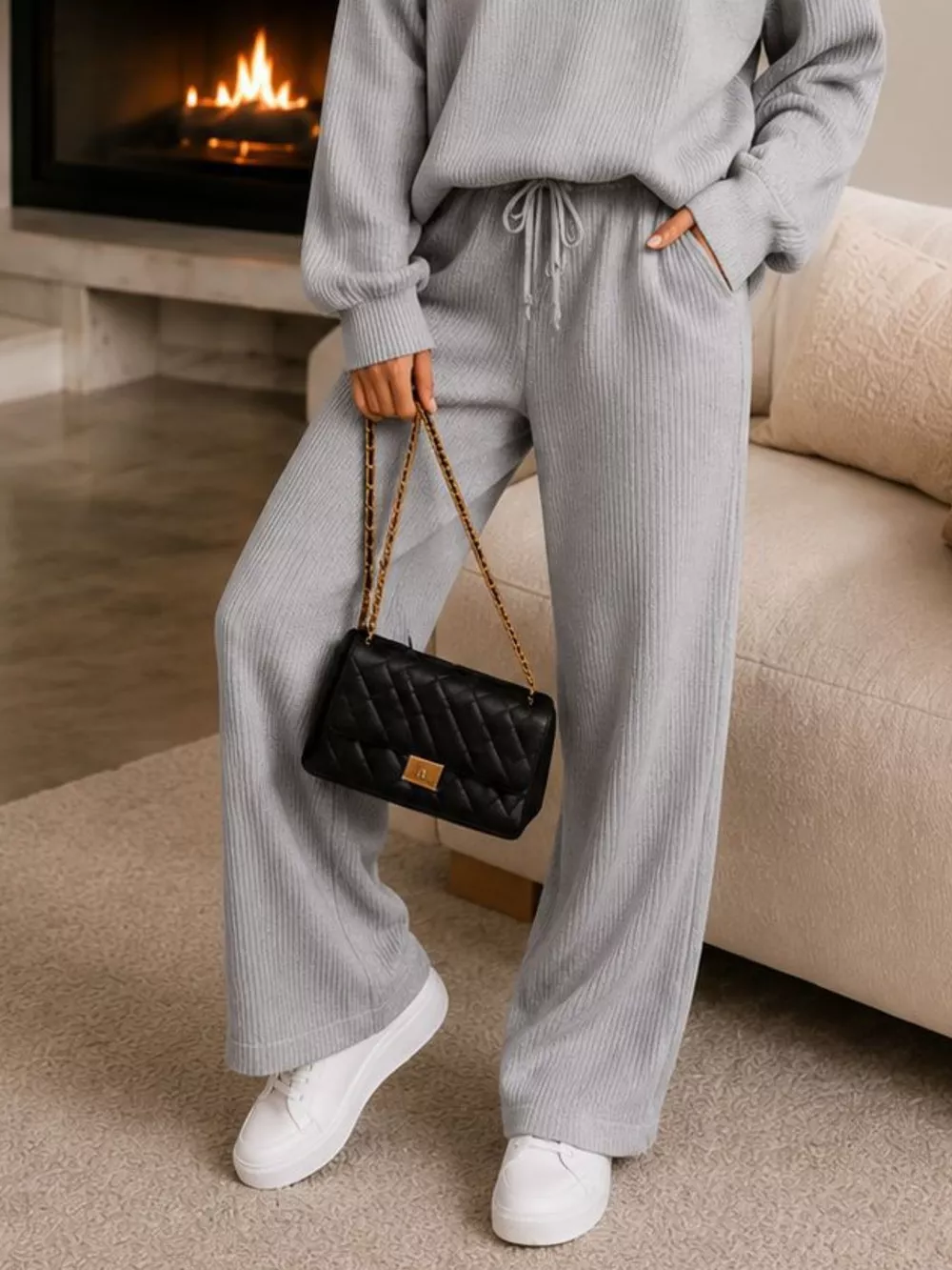 Ribbed Knit Quarter-Zip Top and Wide-Leg Pants Set, image 10