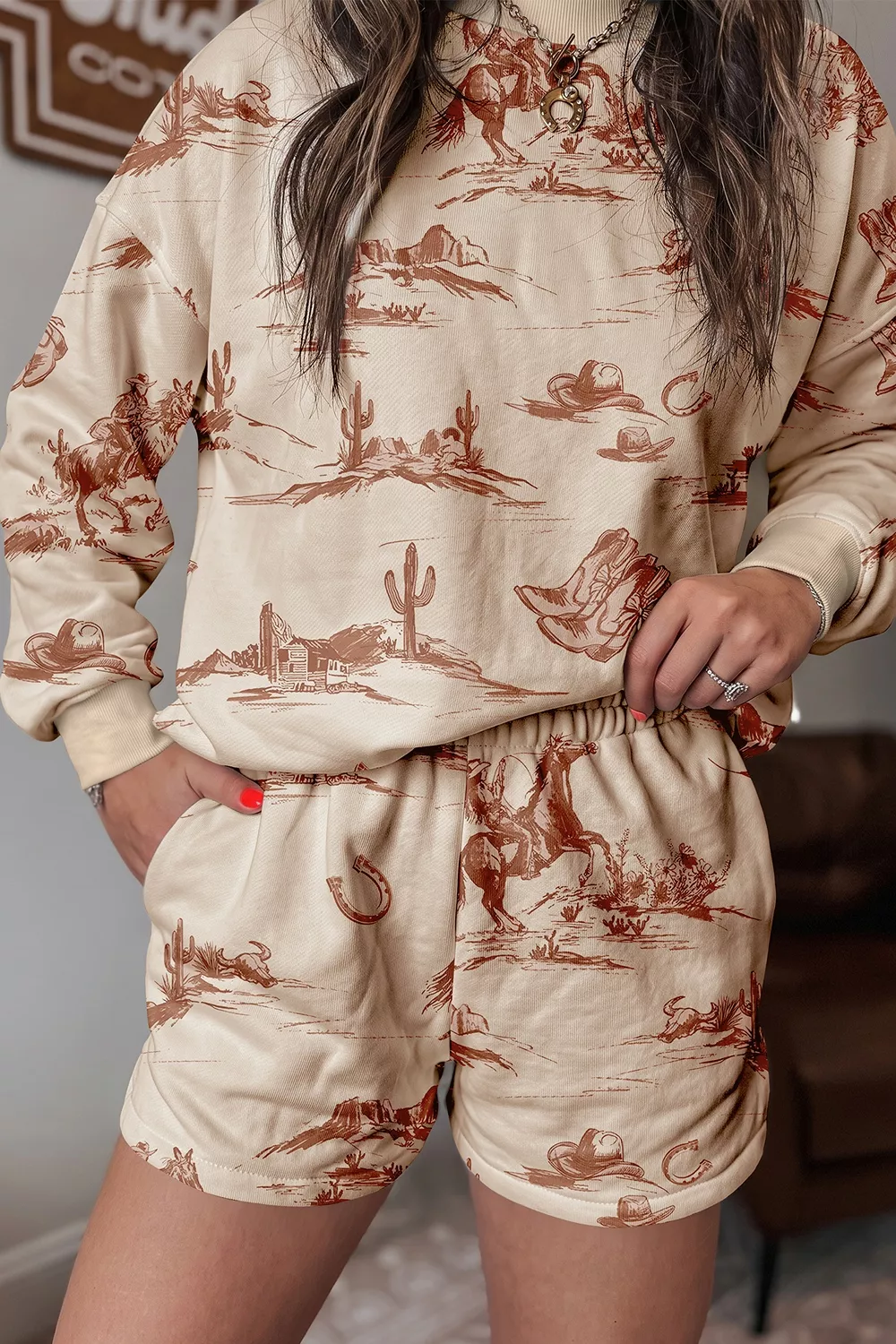 Cowboy Print Long Sleeve Sweatshirt and Shorts Set, image 2